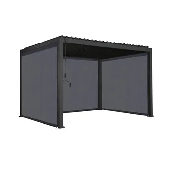 Pergola bioclimatique en aluminium. lames orientables 3x4m + 2 stores 3m + 1 store 4m TRIOMPHE anthracite TRIOMPHE 4X3M