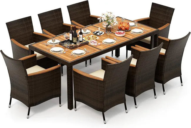 9-teiliges Gartenmöbel-Set aus Rattan für 8 Personen mit Akazientischplatte, Terrassen-Essgruppe