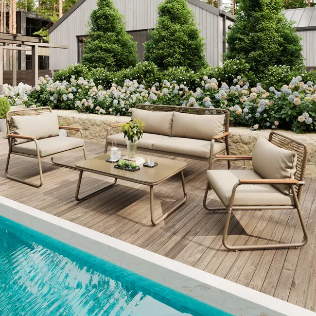Beigefarbene Gartenlounge aus Metall für 4 Personen
