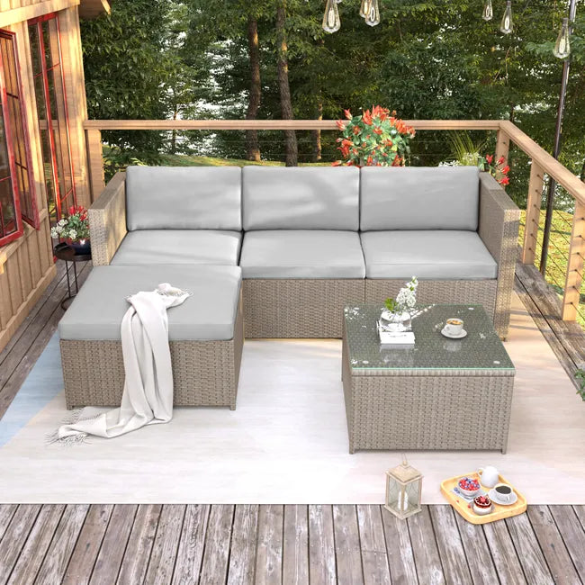 Woven resin garden lounge set - Outdoor corner sofa with coffee table - 4-seater - Brown
