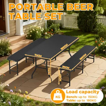Table pliante 180 cm avec 2 bancs set brasserie 3 pièces HDPE acier résistant aux intempéries pour 6-10 personnes fêtes barbecue jardin