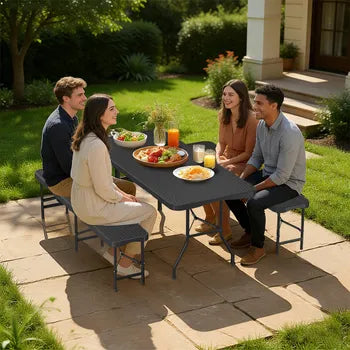 Table pliante 180 cm avec 2 bancs set brasserie 3 pièces HDPE acier résistant aux intempéries pour 6-10 personnes fêtes barbecue jardin