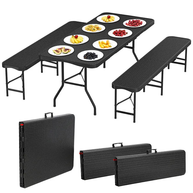 Table pliante 180 cm avec 2 bancs set brasserie 3 pièces HDPE acier résistant aux intempéries pour 6-10 personnes fêtes barbecue jardin