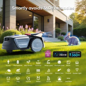 Sunseeker V1 Cordless Robotic Lawnmower, 300 m², with Free Garage, AI Vision, Obstacle Avoidance, 27% Slopes, App Control