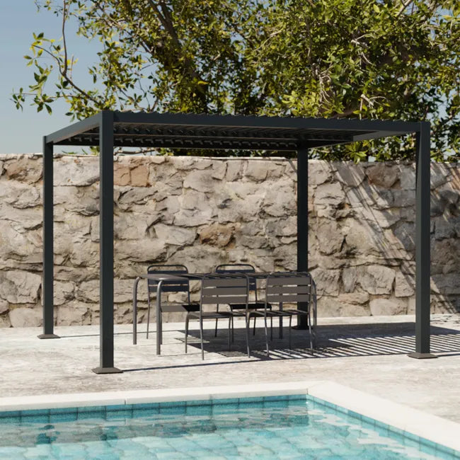 Pergola bioclimatique anthracite. aluminium et acier. 3x3m. lames orientables PALACE 3X3M