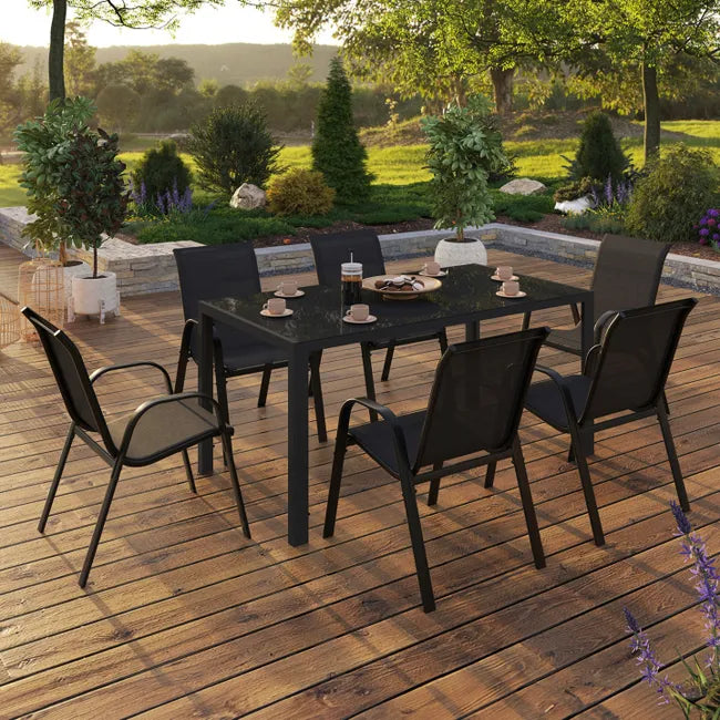 MADRID garden set 150 cm table and 6 stackable chairs, black