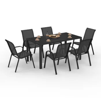 MADRID garden set 150 cm table and 6 stackable chairs, black
