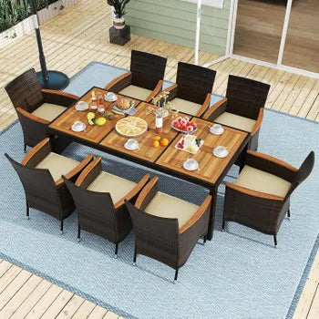 9-teiliges Gartenmöbel-Set aus Rattan für 8 Personen mit Akazientischplatte, Terrassen-Essgruppe