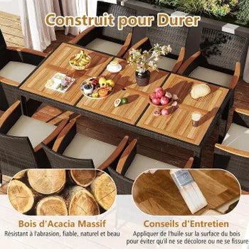 9-teiliges Gartenmöbel-Set aus Rattan für 8 Personen mit Akazientischplatte, Terrassen-Essgruppe