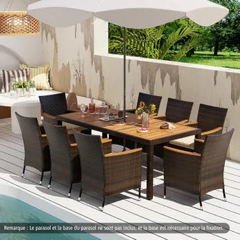 9-teiliges Gartenmöbel-Set aus Rattan für 8 Personen mit Akazientischplatte, Terrassen-Essgruppe