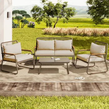 Beigefarbene Gartenlounge aus Metall für 4 Personen