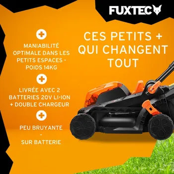 Tondeuse gazon batterie 40V (2X20V) - FUXTEC FX-E1RM20 - largeur 33cm 2 batteries Li-Ion 2Ah, double chargeur 2,4A, bac 35L