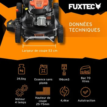 Tondeuse à gazon thermique autotractée FUXTEC FX-RM5396 – 196 cm³ – 53 cm – 6CV – Bac 70L