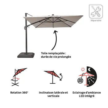 Parasol déporté NATERIAL Sonora II taupe rectangulaire, L.391 x l.282 cm