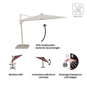 Parasol déporté NATERIAL Sonora II blanc rectangulaire, L.391 x l.282 cm
