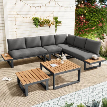 Liegesitzgruppe für den Garten aus verzinktem Stahl, 6 Plätze: 2 Dreisitzer-Sofas + 2 quadratische Couchtische – Grau und Schwarz
