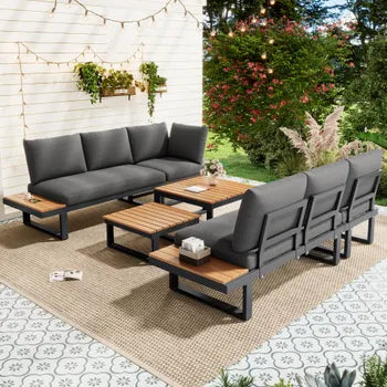 Liegesitzgruppe für den Garten aus verzinktem Stahl, 6 Plätze: 2 Dreisitzer-Sofas + 2 quadratische Couchtische – Grau und Schwarz