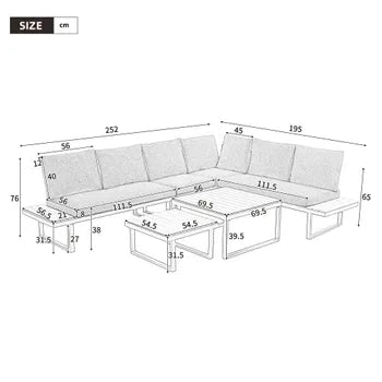 Liegesitzgruppe für den Garten aus verzinktem Stahl, 6 Plätze: 2 Dreisitzer-Sofas + 2 quadratische Couchtische – Grau und Schwarz