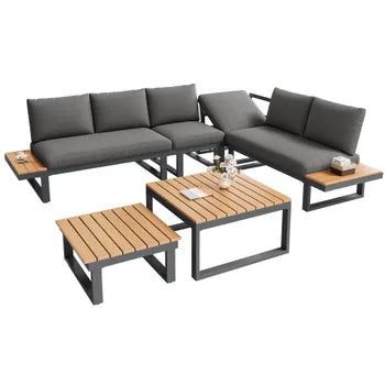 Liegesitzgruppe für den Garten aus verzinktem Stahl, 6 Plätze: 2 Dreisitzer-Sofas + 2 quadratische Couchtische – Grau und Schwarz