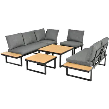 Liegesitzgruppe für den Garten aus verzinktem Stahl, 6 Plätze: 2 Dreisitzer-Sofas + 2 quadratische Couchtische – Grau und Schwarz