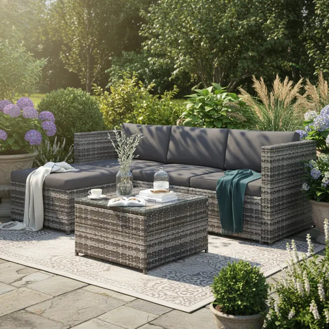 Gartenlounge aus Polyrattan – Outdoor-Ecksofa mit Couchtisch – 4 Sitzplätze – Grau