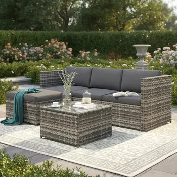 Gartenlounge aus Polyrattan – Outdoor-Ecksofa mit Couchtisch – 4 Sitzplätze – Grau