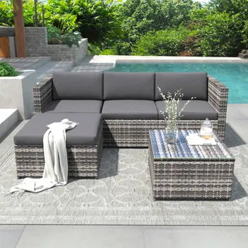 Gartenlounge aus Polyrattan – Outdoor-Ecksofa mit Couchtisch – 4 Sitzplätze – Grau