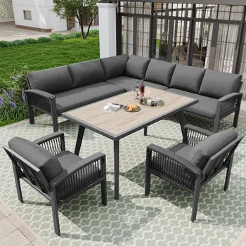 Mobilier de jardin avec finition bois, comprenant des coussins d'assise et des coussins de dossier, gris
