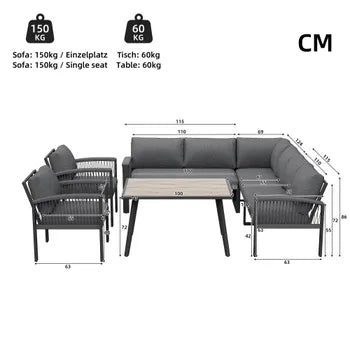 Mobilier de jardin avec finition bois, comprenant des coussins d'assise et des coussins de dossier, gris