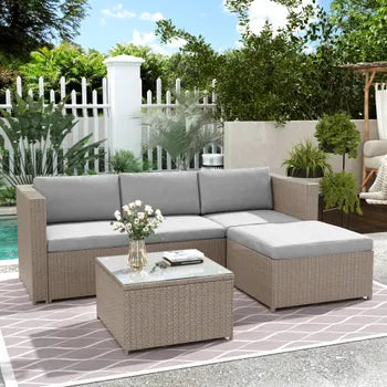 Gartenlounge aus Polyrattan – Outdoor-Ecksofa mit Couchtisch – 4-Sitzer – Braun