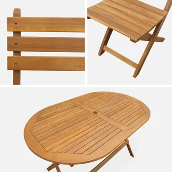 Table de jardin pliante bois d'acacia + 6 assises 150cm en bois d'acacia déjà huilé. forme ovale avec 6 chaises pliables